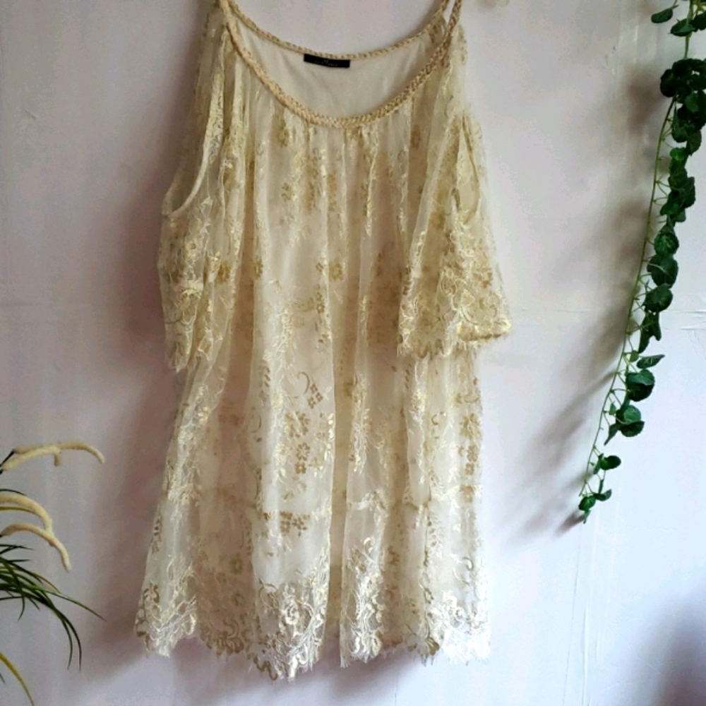 Last Queen Lace and Gold Cold Shoulder Top